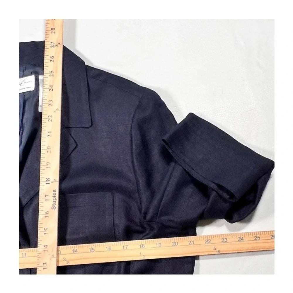 Emma James Linen Blend Blazer Women 16 Navy Blue Herringbone Professional Jacket